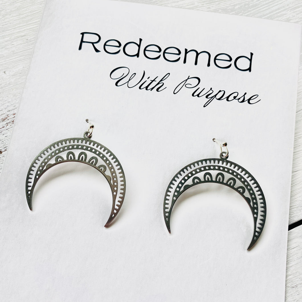 Engraved Moon Stainless Steel Earrings