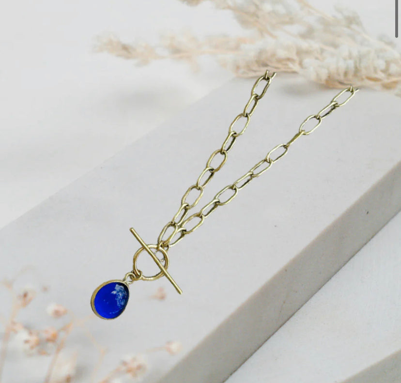 Recycled Glass Link Necklace - Blue