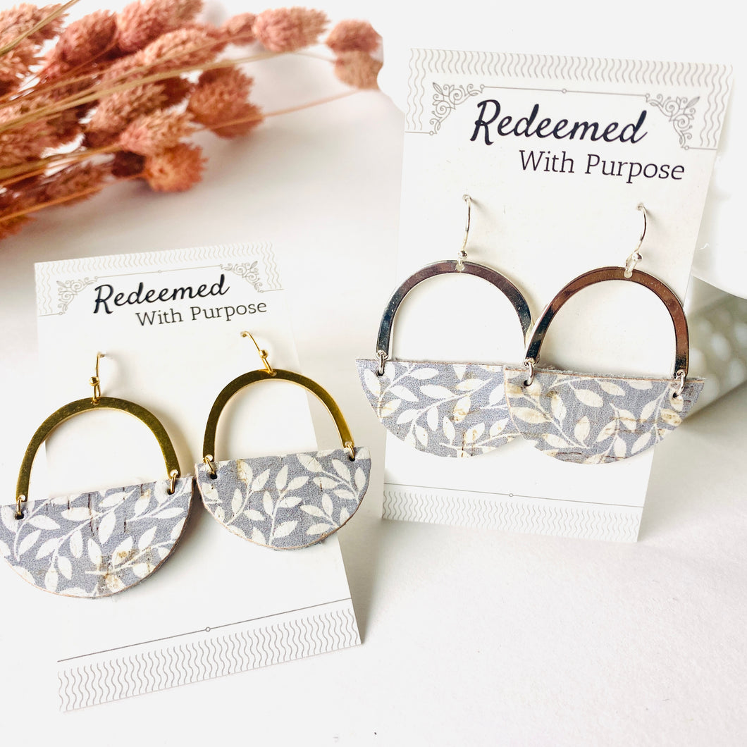 Grey Floral Arch Leather Earrings